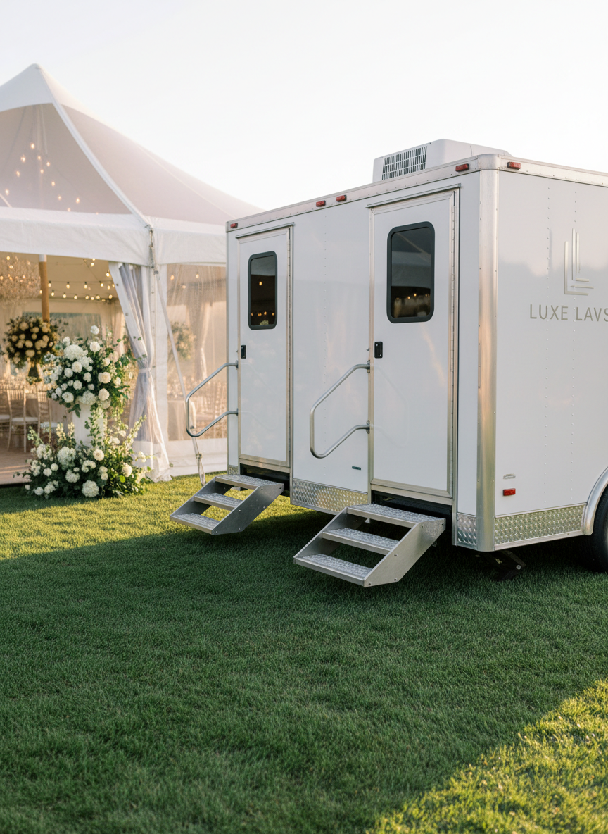 A gleaming white luxury restroom trailer with brushed aluminum trim and subtle silver branding, parked on a perfectly manicured lawn beside an elegant event tent. The trailer’s modern, paneled exterior and stainless-steel steps with non-slip treads are captured in crisp photographic realism. Late afternoon golden-hour sunlight washes over the scene, creating warm highlights along the trailer’s smooth surfaces and soft shadows in the grass. In the background, out-of-focus bistro lights and floral arrangements hint at a sophisticated outdoor wedding reception. Shot from a slightly elevated three-quarter angle with sharp focus throughout, the composition highlights cleanliness, professionalism, and upscale comfort in a calm, inviting atmosphere.
